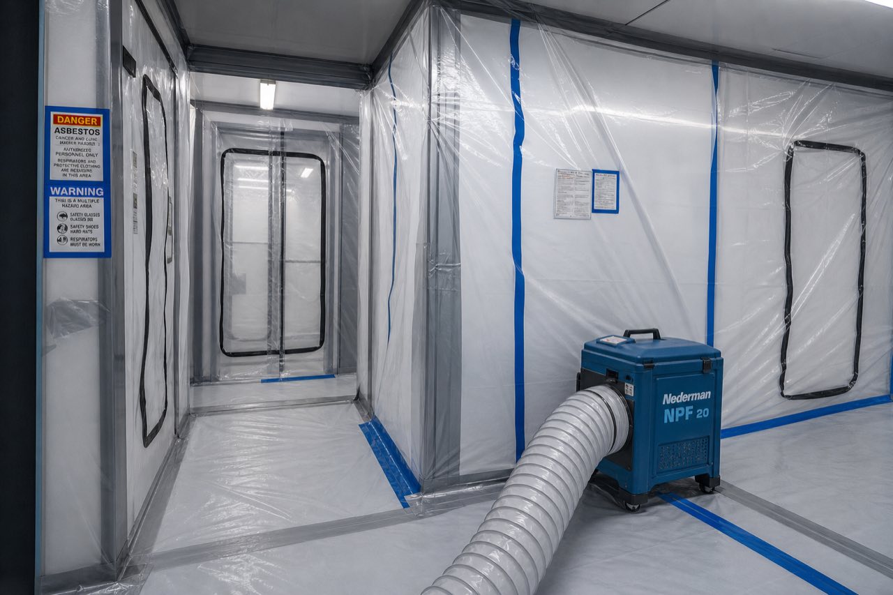 Intérieur d'un sas de décontamination avec confinement plastique et extracteur