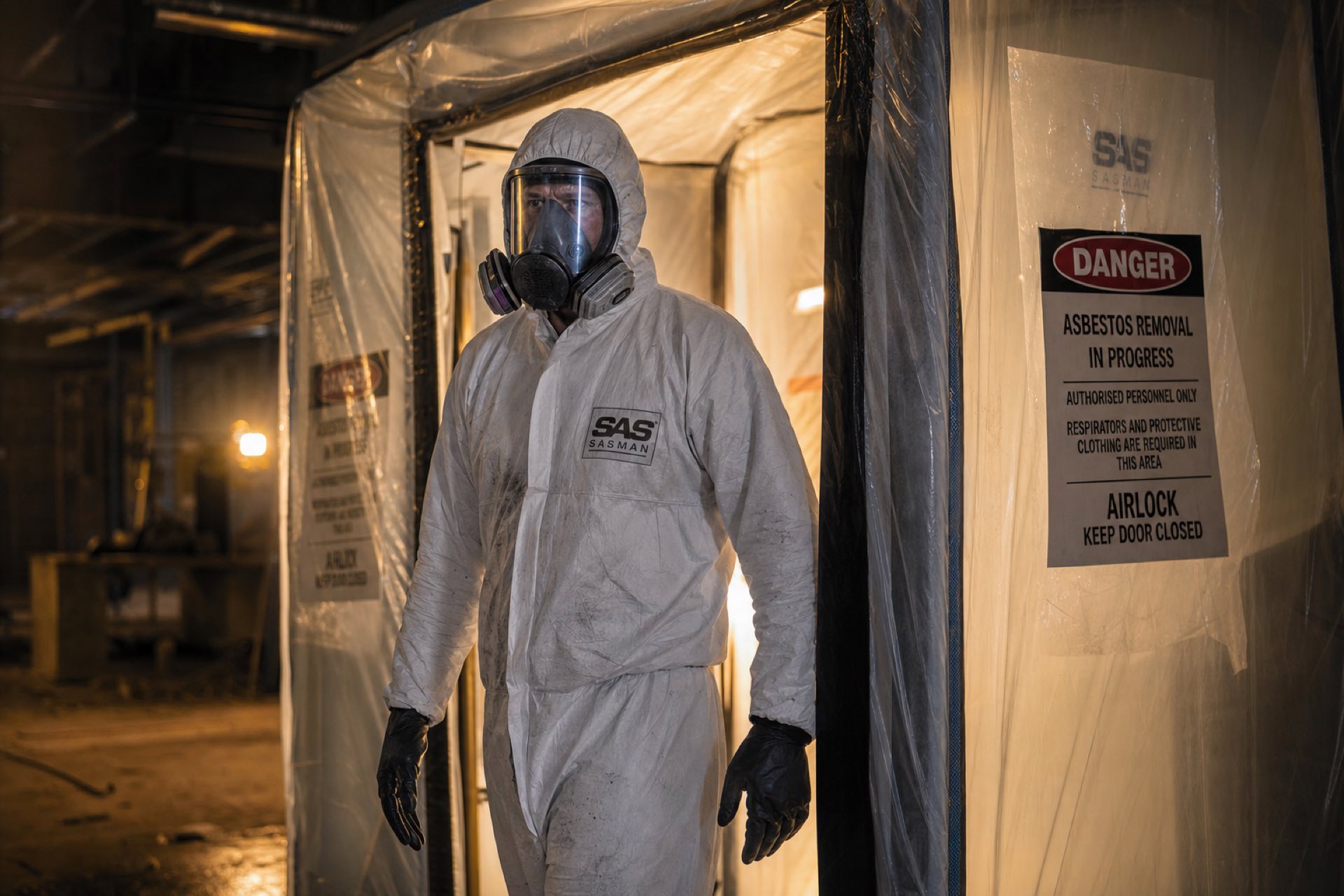 SASman en combinaison à l'entrée d'un sas de décontamination sur chantier